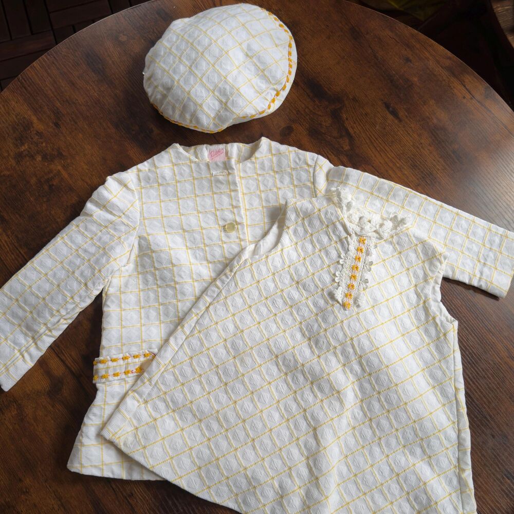 1960s Ruth of Carolina Girls 3-Piece Mod Geometric Floral Dress Jacket Hat Set